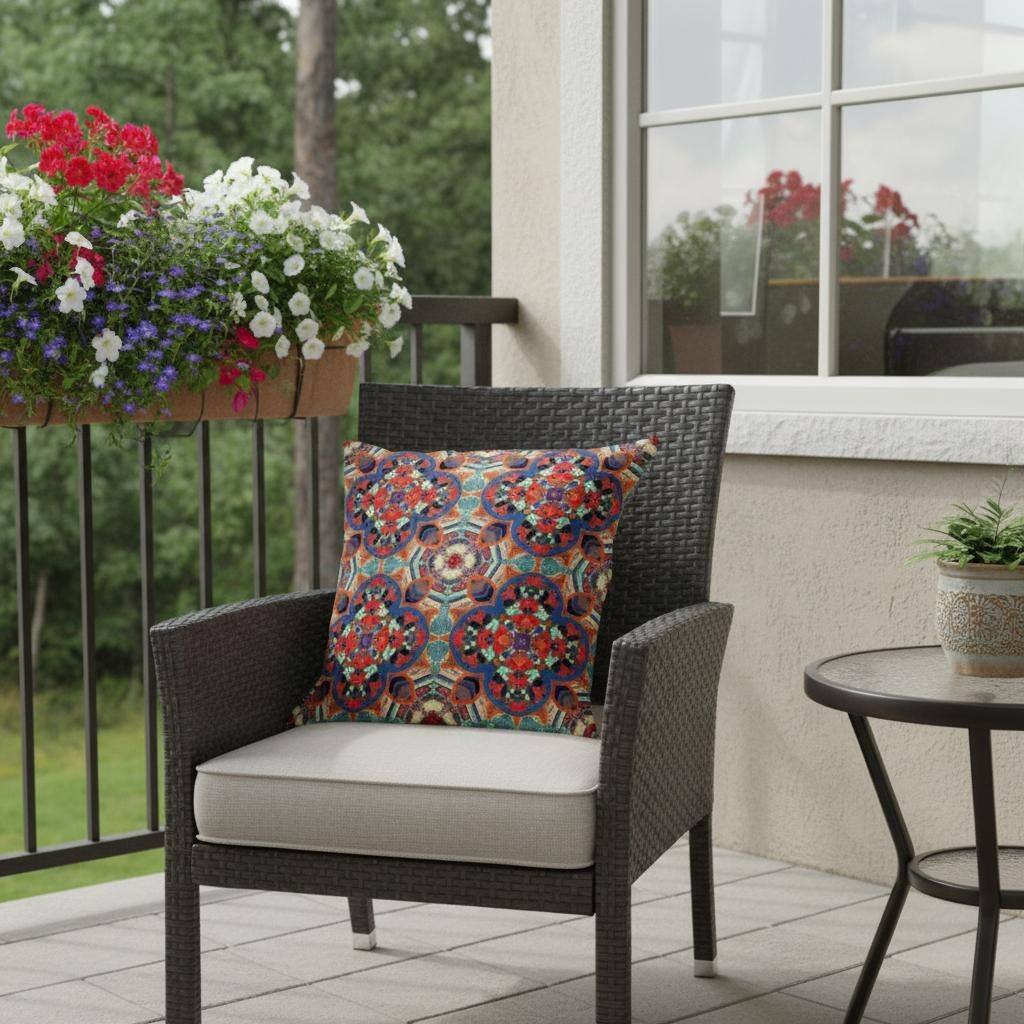 HomeRoots Set of Two 16" X 16" Blue and Orange Blown Seam Floral Indoor Outdoor Throw Pillow - 16.00' X '16.00' X '5.00