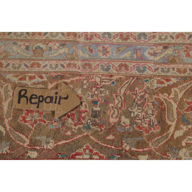 Distressed Mashad Persian Vintage Rug Hand-Knotted Floral Wool Carpet - 8'10"x 13'10"