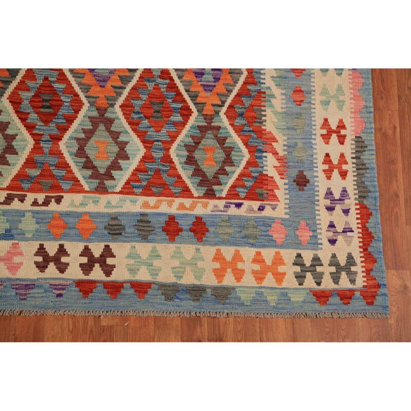 Geometric Kilim Area Rug Flatweave Oriental Wool Carpet - 8'4"x 11'2"