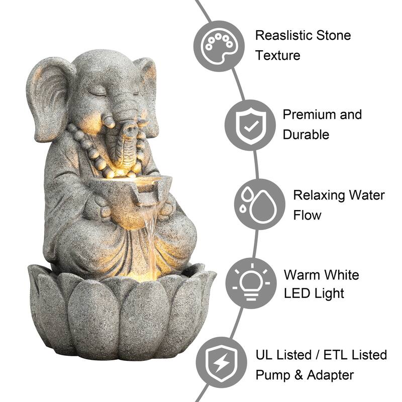 Glitzhome 21.75"H 2-Tiered Lighted Zen Style Frog Elephant Polyresin Outdoor Fountains