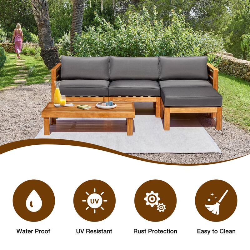 EROMMY Wood Patio Conversation Set with Coffee Table and Soft Cushions, Outdoor Sofa Set for Garden, Backyard