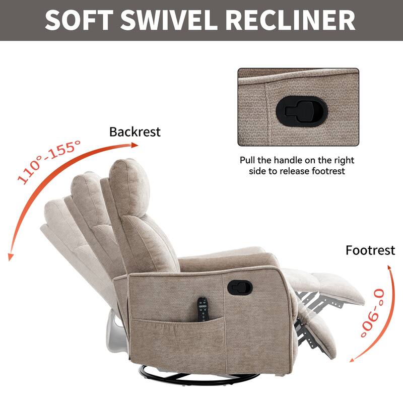 Swivel Recliner Chair with Heat & Massage, Heavy Duty Manual Recliner Chair, Glider Rocker Chair with Side Pocket
