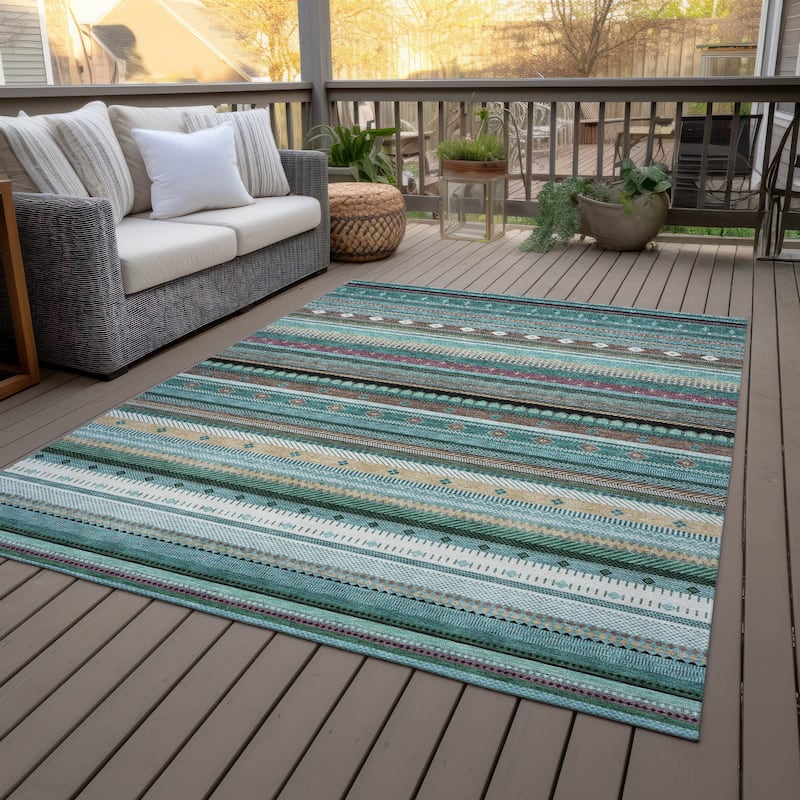 Machine Washable Indoor/Outdoor Boho Stripes Chantille Rug