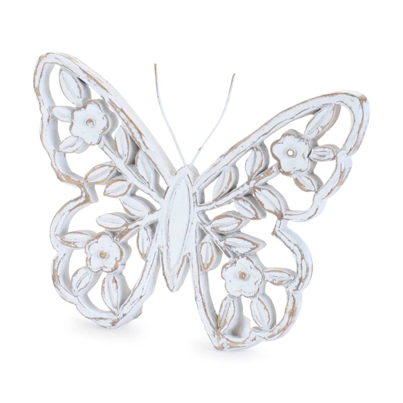 White Washed Floral Butterfly Décor (Set of 2)