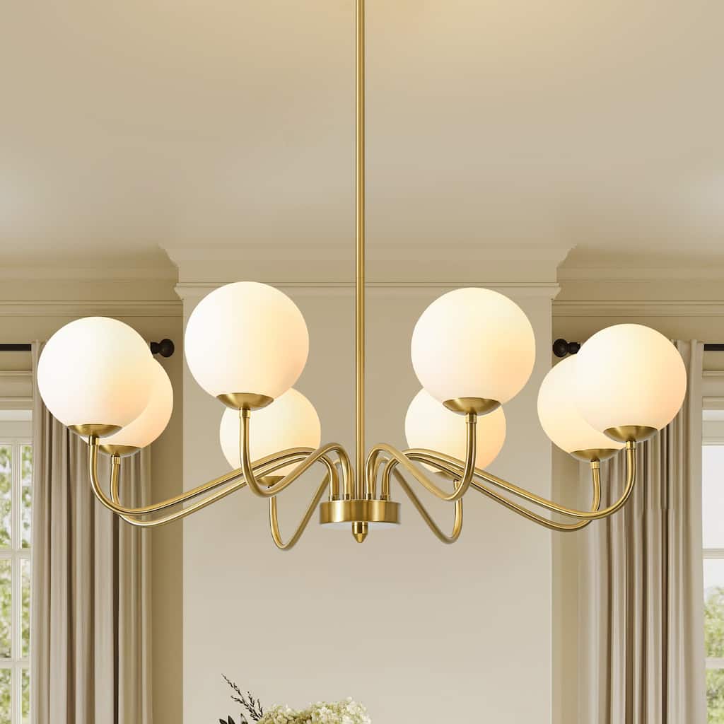 35" W Modern Classic Gold Cluster Gold Sputnik 8-Light Globe Chandelier with Opal Glass Shades for Living Room
