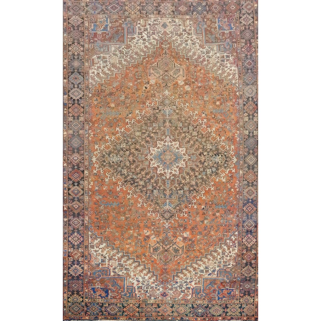 Hand Knotted Oriental 100% Wool Carpet Traditional Medallion Oranges & Rust Heriz Area Rug - 13' 7'' X 9' 4''
