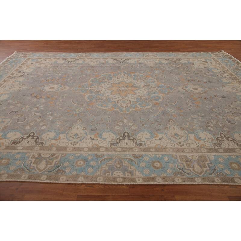 Hand Knotted Oriental 100% Wool Carpet Traditional Floral Greys & Charcoal Tabriz Area Rug - 12' 11'' X 9' 5''