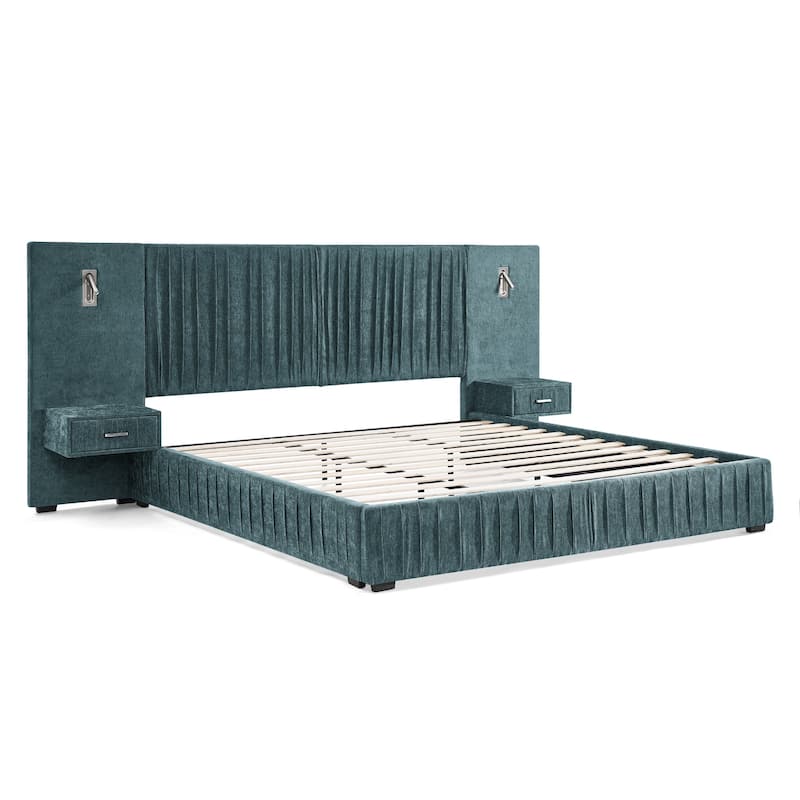 Chenille Upholstered Pleated Platform Bed Frame Wingback Headboard with Side Tables and Adjustable Lamps