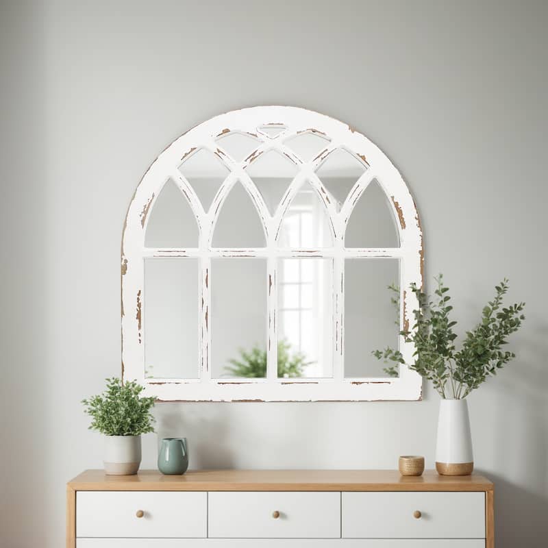 Distressed White Cathedral Wood Wall Mirror