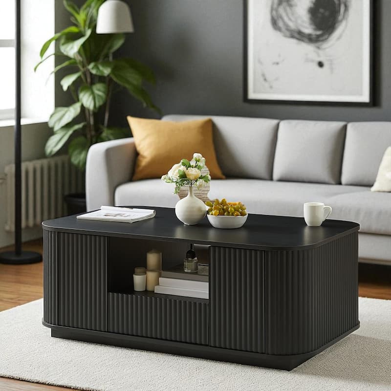 46.5" Modern Oval Coffee Table with Drawers, Hidden Storage & Curved Panel Design, Luxury Center Table - Black