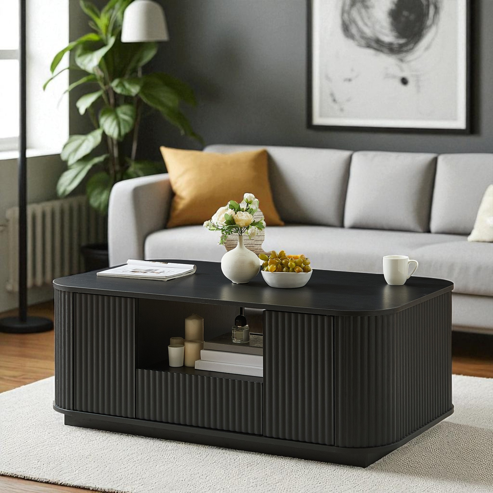 46.5" Modern Oval Coffee Table with Drawers, Hidden Storage & Curved Panel Design, Luxury Center Table