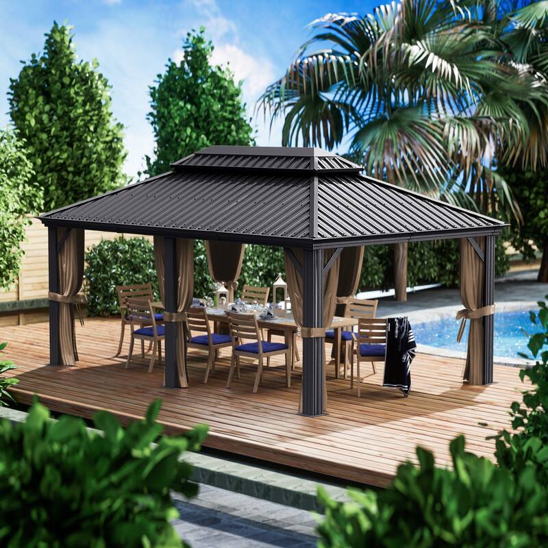 Kozyard Alexander Hardtop Aluminum Gazebo with Mosquito Net and Privacy Curtain