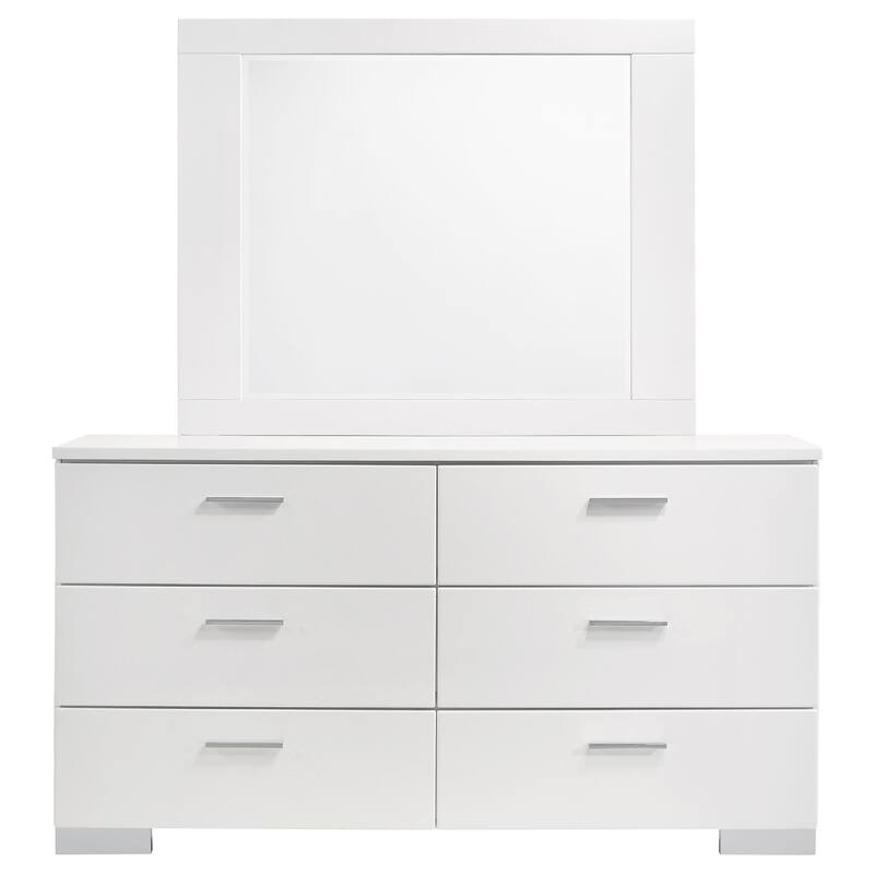 Sok Wide Dresser with Mirror, 6 Drawers, White High Gloss Finish, Wood