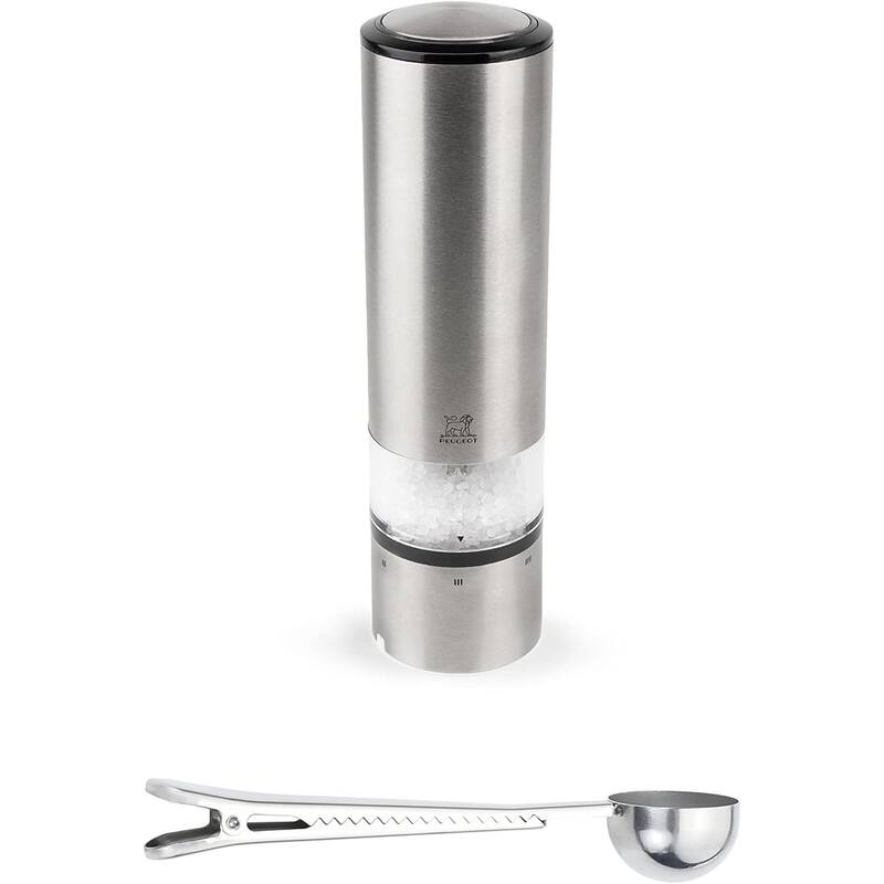 Peugeot Elis Sense U-Select 8 Inch Salt Mill Gift Set - With Stainless Steel Spice Scoop/Bag Clip - Silver - 2 Piece