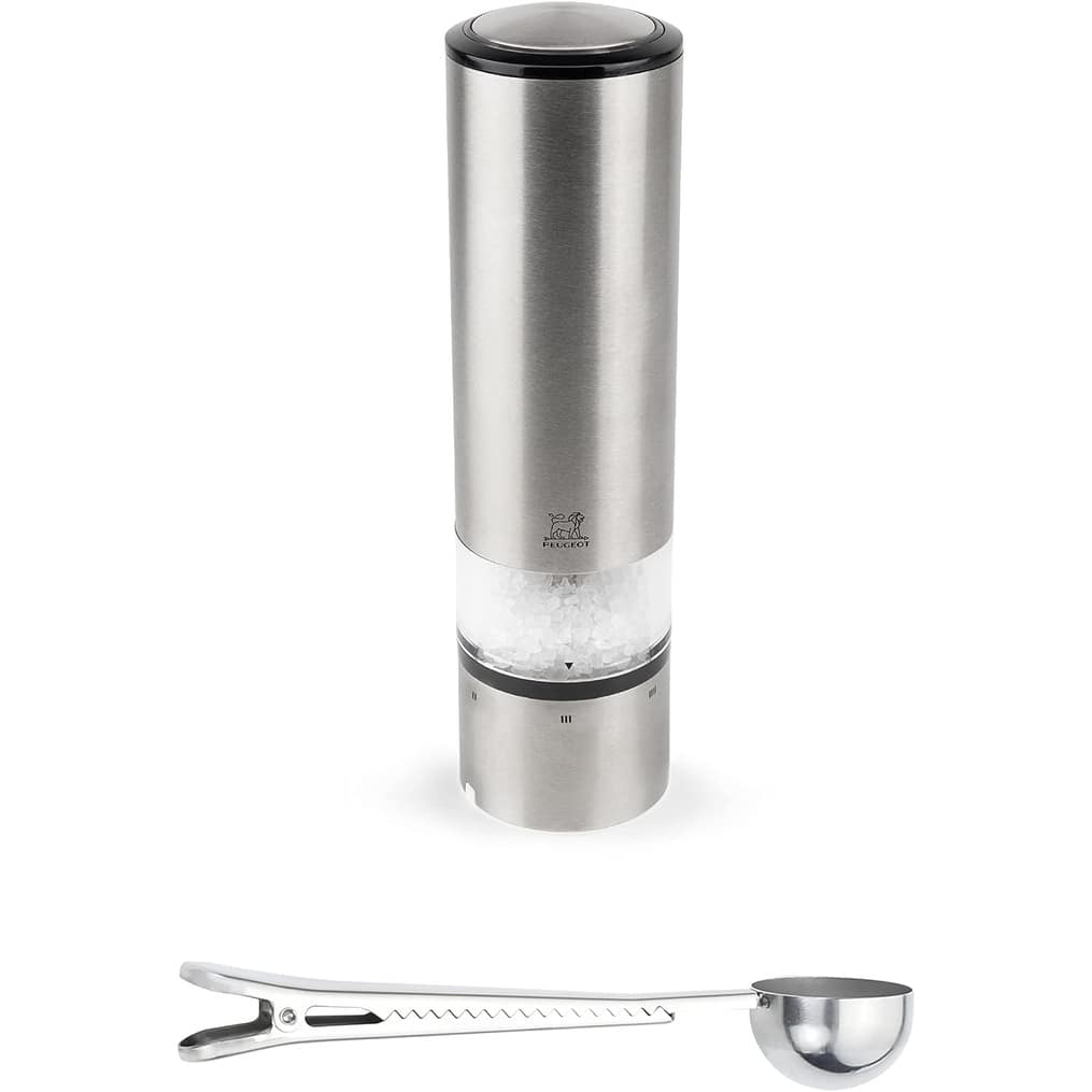 Peugeot Elis Sense U-Select 8 Inch Salt Mill Gift Set - With Stainless Steel Spice Scoop/Bag Clip
