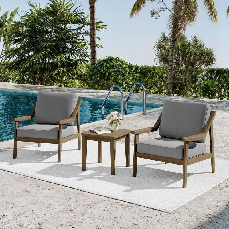 3-piece Teak Modern Cushioned Club Chairs Set Patio Bistro Set - NaturalFrame-Grey