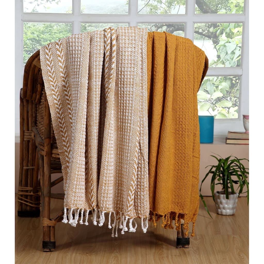 Hand-Woven Cotton Throw Blanket - All-Season Set of 2 (60x50 inches)