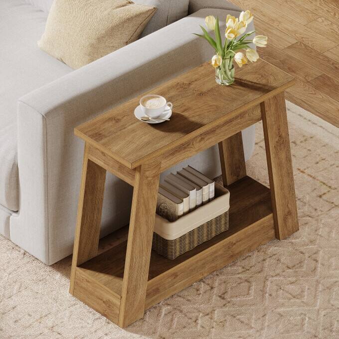 Rustic Wood End Table, Small Side Table With 2-Tier Storage Shelves