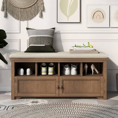 Entryway Bench with Shoe Storage and Bench Cushion, Storage Bench with Cabinet-Brown