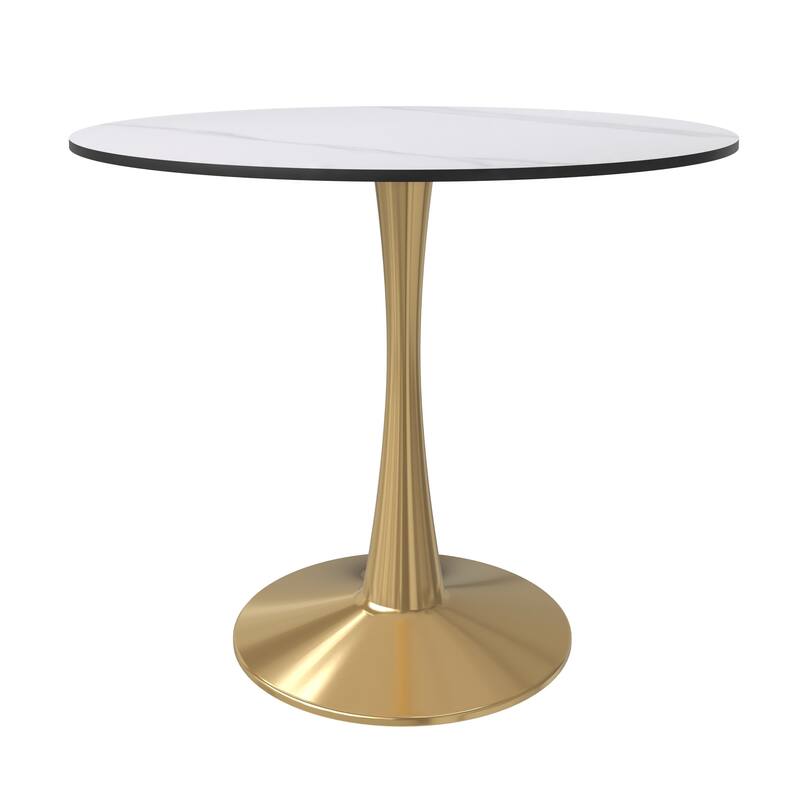 Bristol Round Dining Table 35 in. Sintered Stone Tabletop & Brushed Gold Stainless Steel Pedestal Base