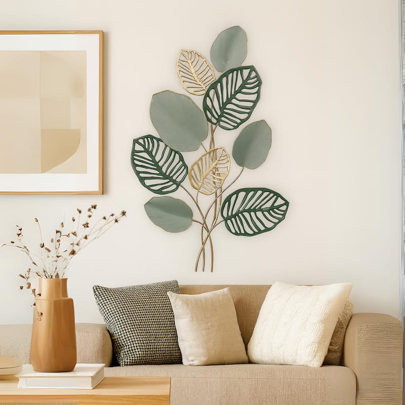 Vertical Multicolored Leaf Metal Wall Art Green Gold Decor 35"x24"