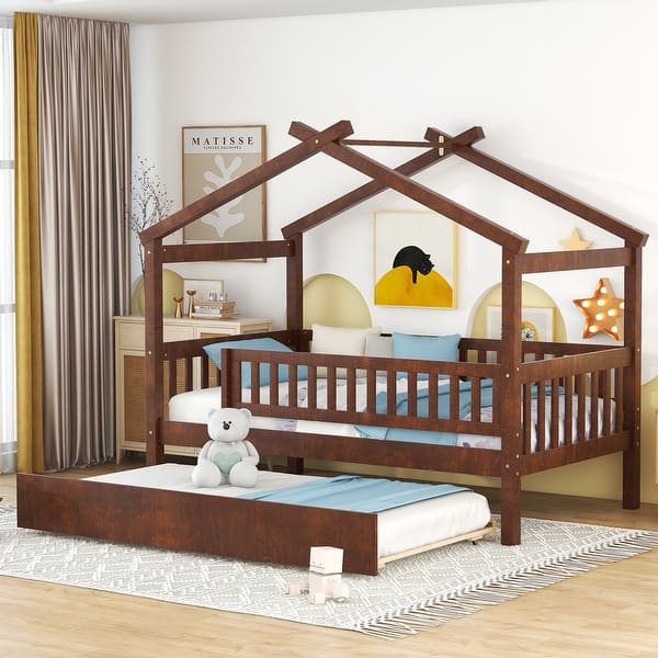 slide 2 of 10, Twin Size Wooden House Bed Frame with Trundle for Kids Teens Adults, Wood Slat Support, No Box Spring Needed, Walnut Walnut - Twin