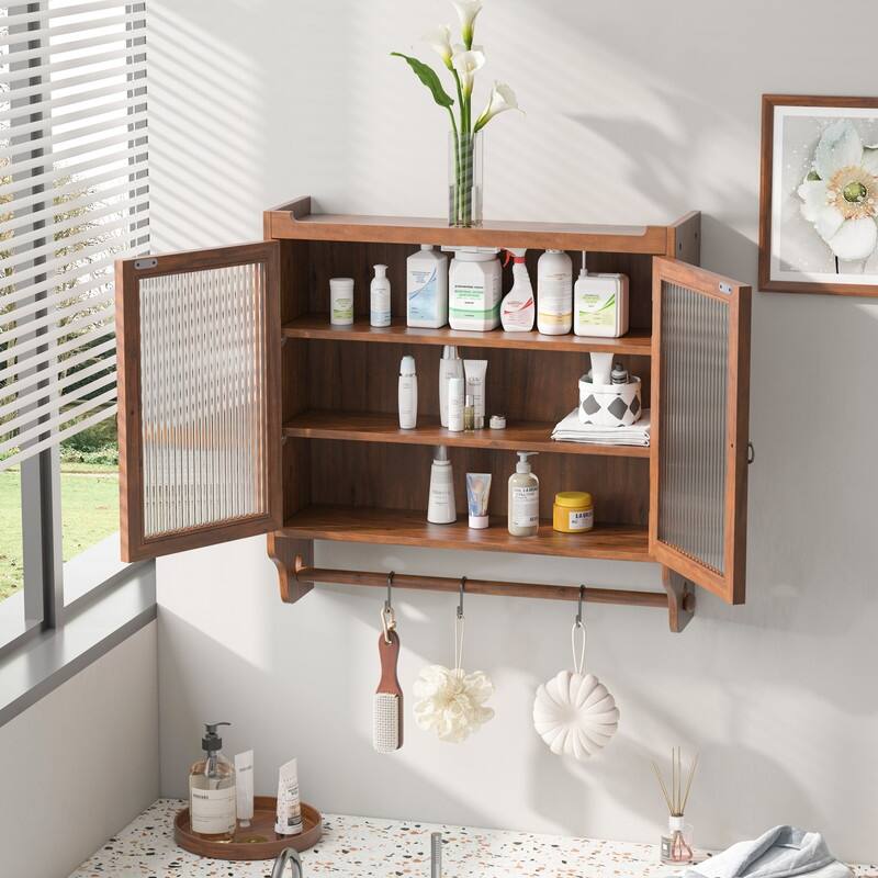 24.8" Glass Door Wall Cabinet with Three Tiers of Storage with Towel Rack