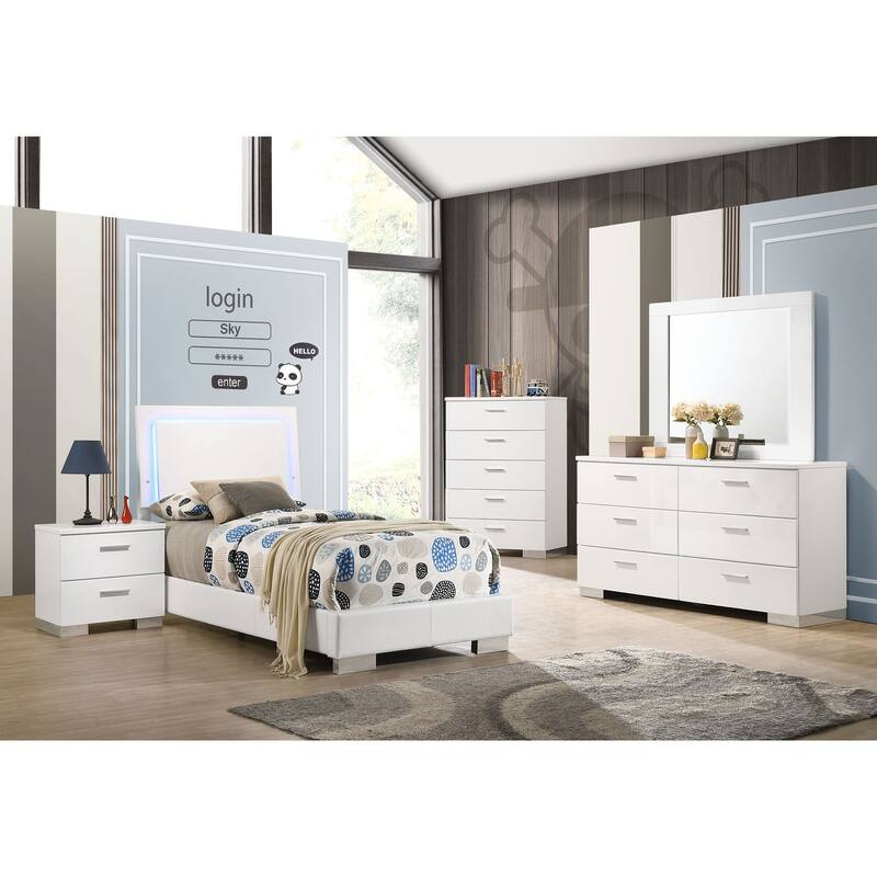 Felicity Glossy White Bedroom Set with LED Lighting - Twin - 5 Piece
