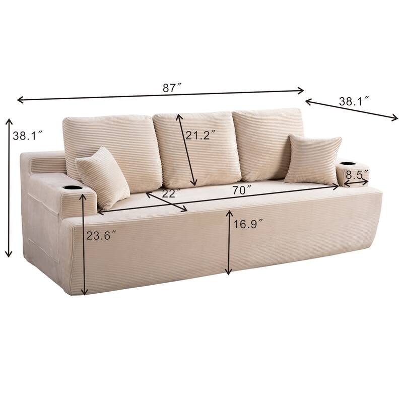 87 Inch 3 Seater Sofa Couch, Deep Seat Corduroy Living Room Sofa with Cup Holders and Side Pockets