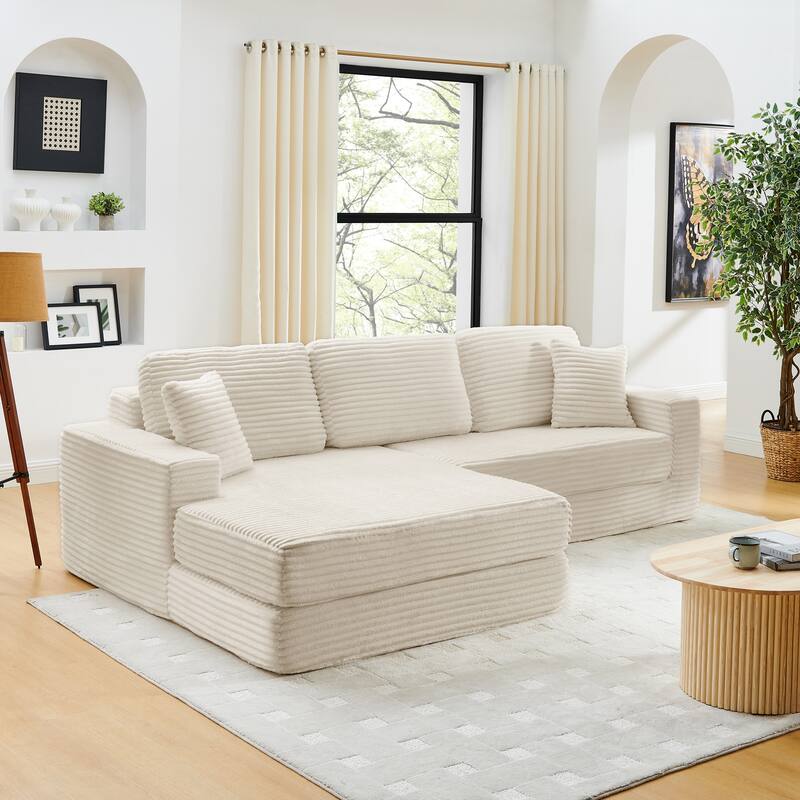 Left Sectional Sofa, L-Shaped Corduroy Couch, Converts to Bed