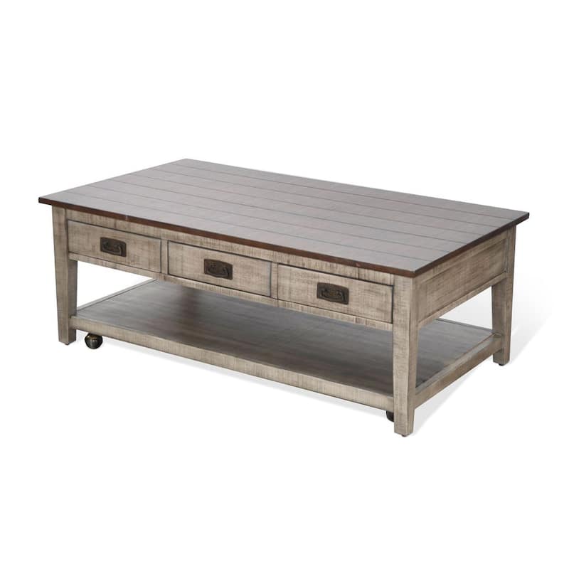 Camie Coffee Table, 48 Inch Top, 3 Drawers, Gray Solid Mahogany