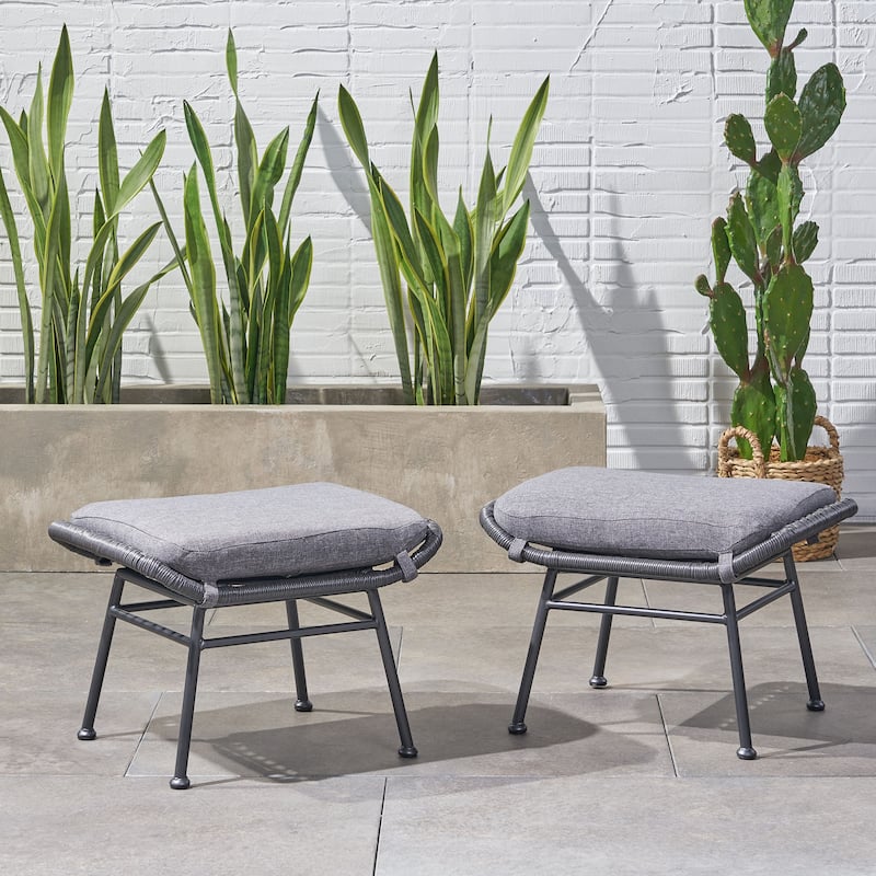 Roomfitters Outdoor Rattan Ottomans with Cushions, Set of 2 Footrests for Patio or Balcony Seating