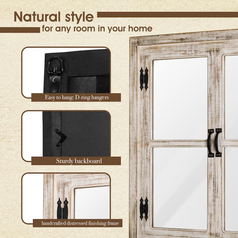 35"H Farmhouse Wooden Barn Doors Window Frame Mirror Wall Decor by Glitzhome