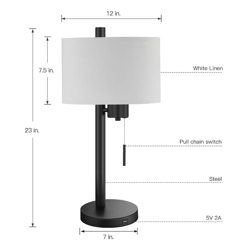 23-in Black Modern Table Lamp with USB Port and White Linen Shade - 23"H
