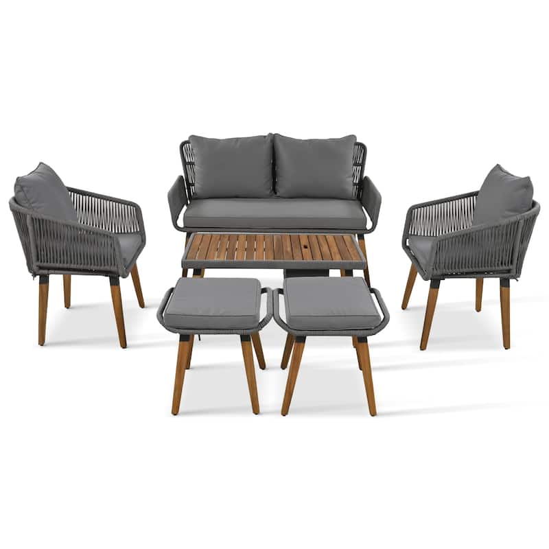6-Piece Rope Patio Furniture Set with Acacia Wood Cool Bar Table