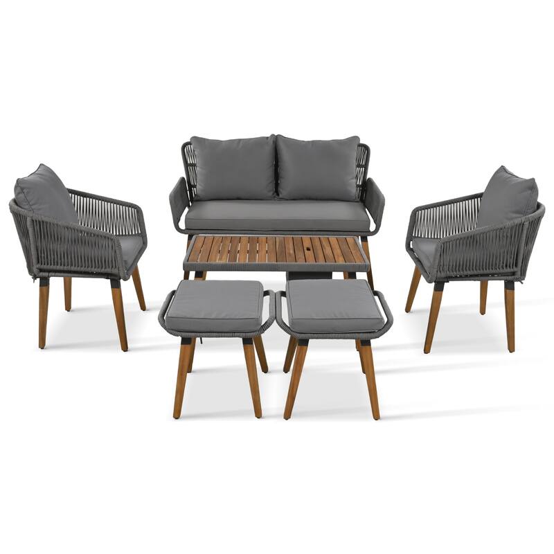 Patio Furniture Set Dining Chairs Set Wood Conversation Sets with Cool Bar Table and Ice Bucket, Deep Seat Lounger with 2 Stools
