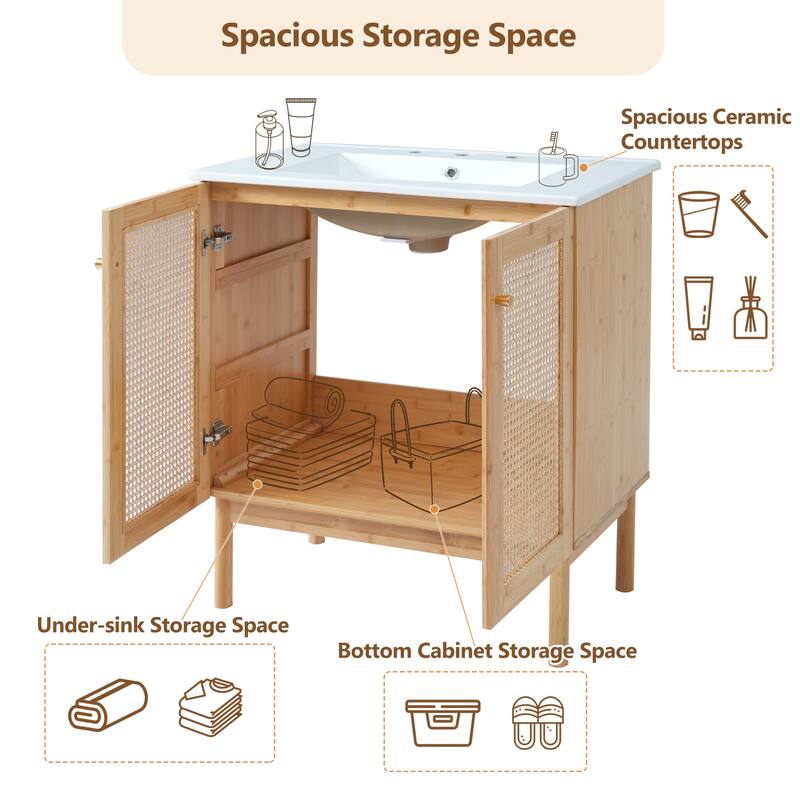 30" Eco-Friendly Bathroom Vanity – Handwoven Rattan Doors with Silent Soft-Close Hinges, Blending Natural Craftsmanship