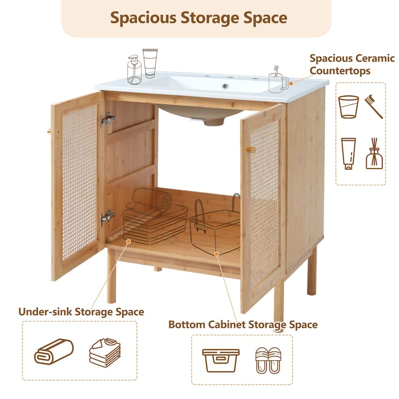Roomfitters 30" Bathroom Vanity with Ceramic Sink, Handmade Rattan Doors and Soft-Close Hinges, Wood
