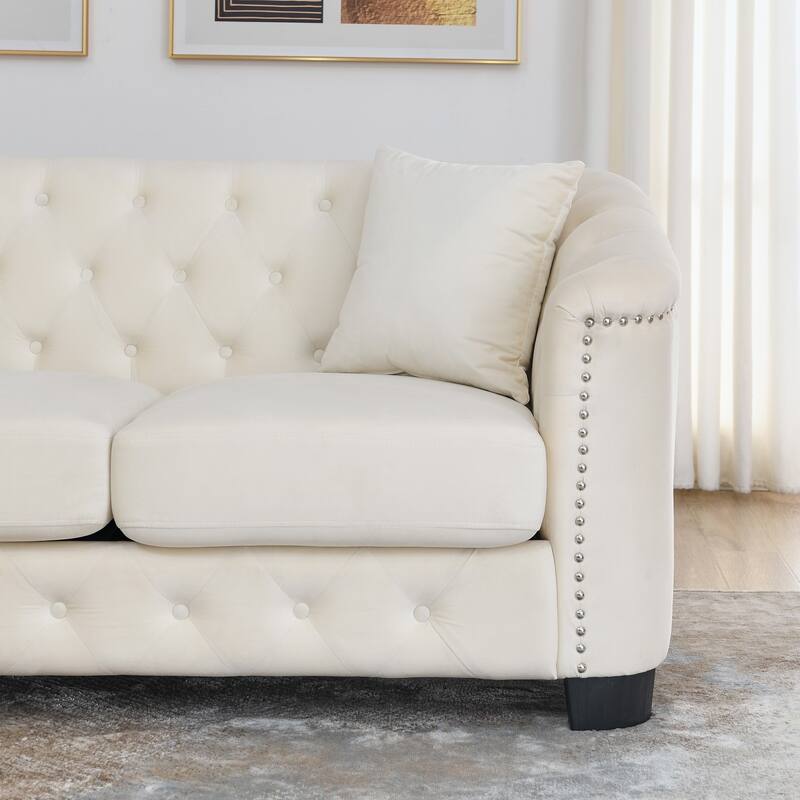 77" Velvet 3-Seater Sofa with Nailhead Arms and 2 Pillows