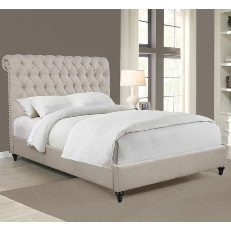 Button Tufted Fabric Upholstered Queen Size Bed, Beige