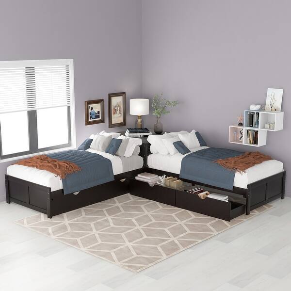 slide 2 of 57, Twin Size L-Shaped Upholstered Platform Bed with Trundle and Two Drawers Linked, Solid Pine Wood Bed Frame, Built-in Desk Brown