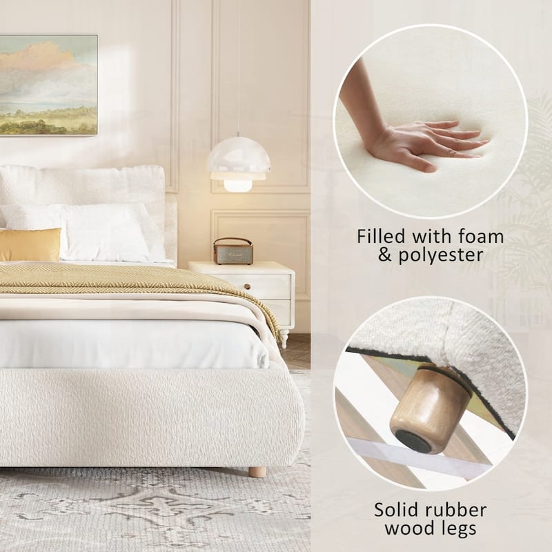 Upholstered Platform Bed with Curve-Shaped Design Headboard