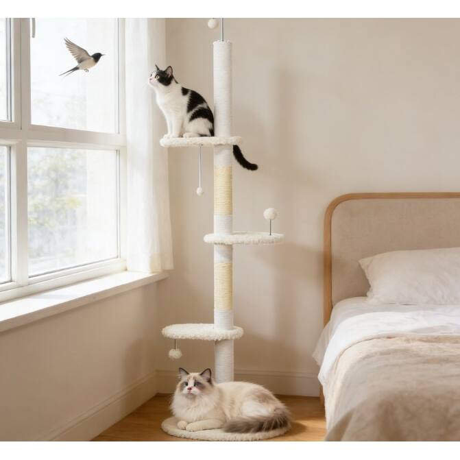 Cat Tree,Floor to Ceiling Cat Tree Soft and plush while featuring double cushions in basket bed - White