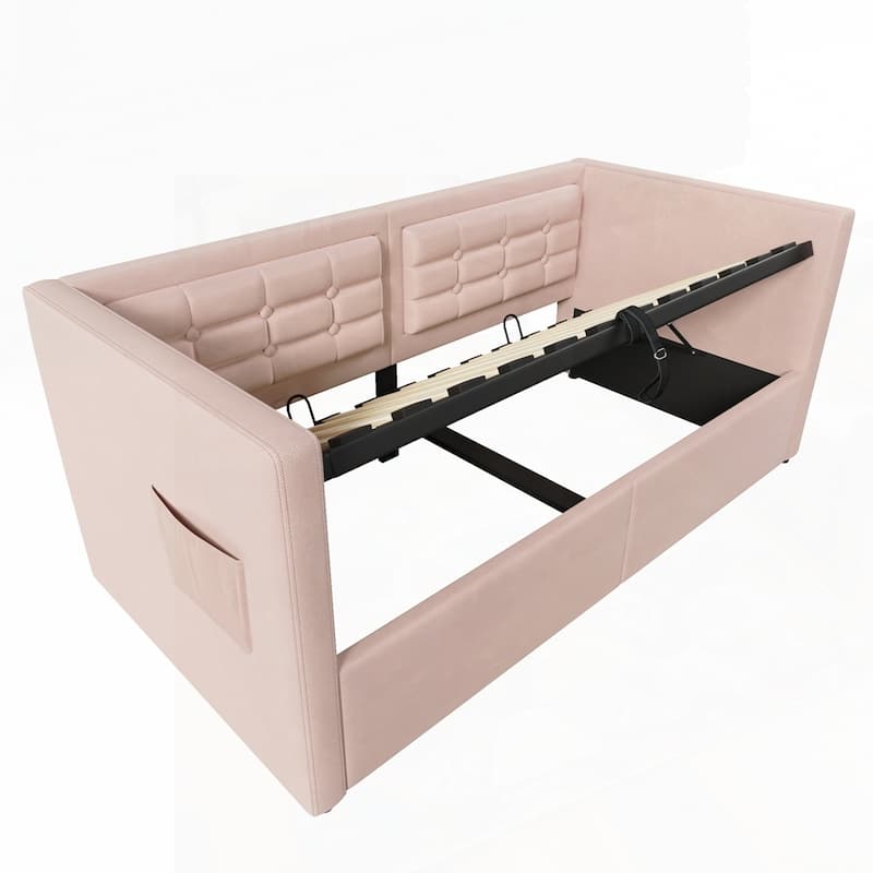 Hydraulic Storage Twin Bed Frame with Wooden Slats and Tufted Sofa Back
