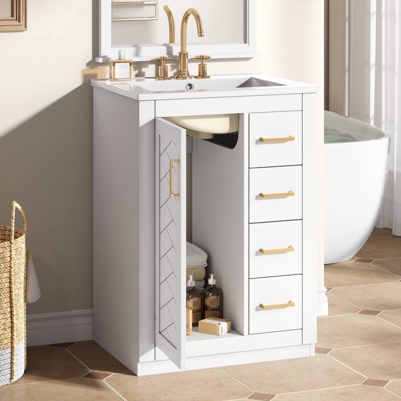 24" Freestanding Bathroom Cabinet with Integrated White Ceramic Sink - 24.1'' x 18.3'' x 33.7''