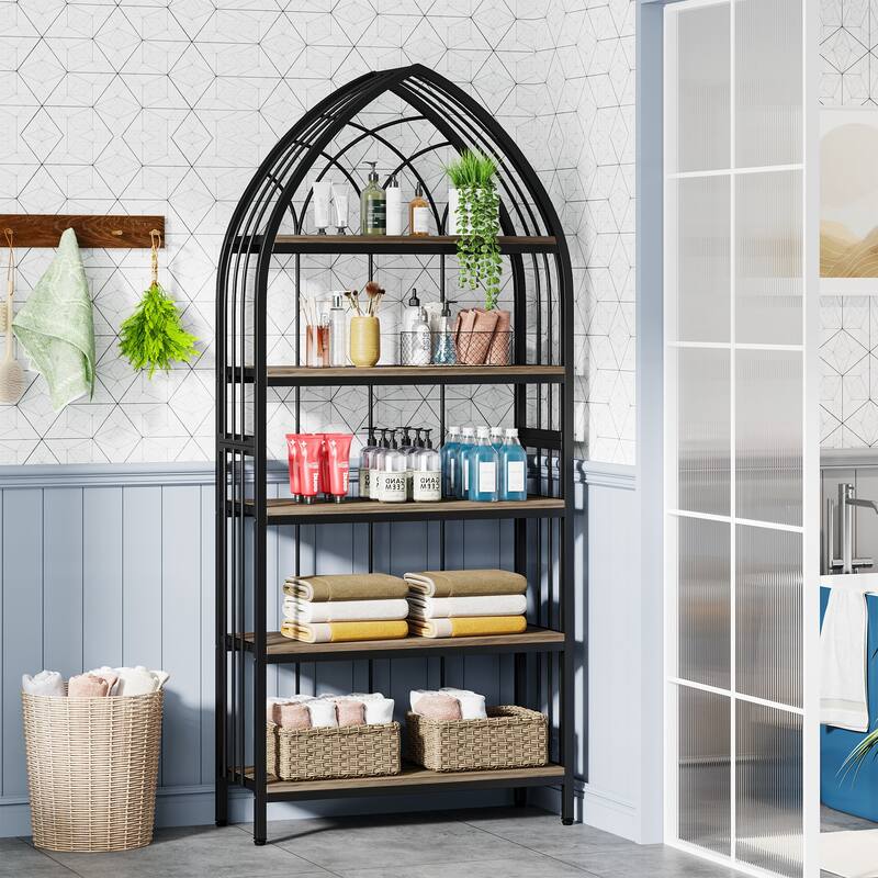 5-Tier Tall Bookshelf, 74.8-Inch Bookshelf, Industrial Curved Freestanding Display Shelf
