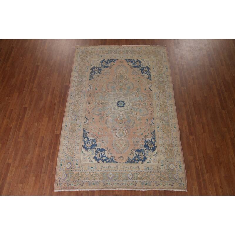 Distressed Mashad Persian Antique Area Rug Handmade Wool Carpet - 6'6" x 9'8"