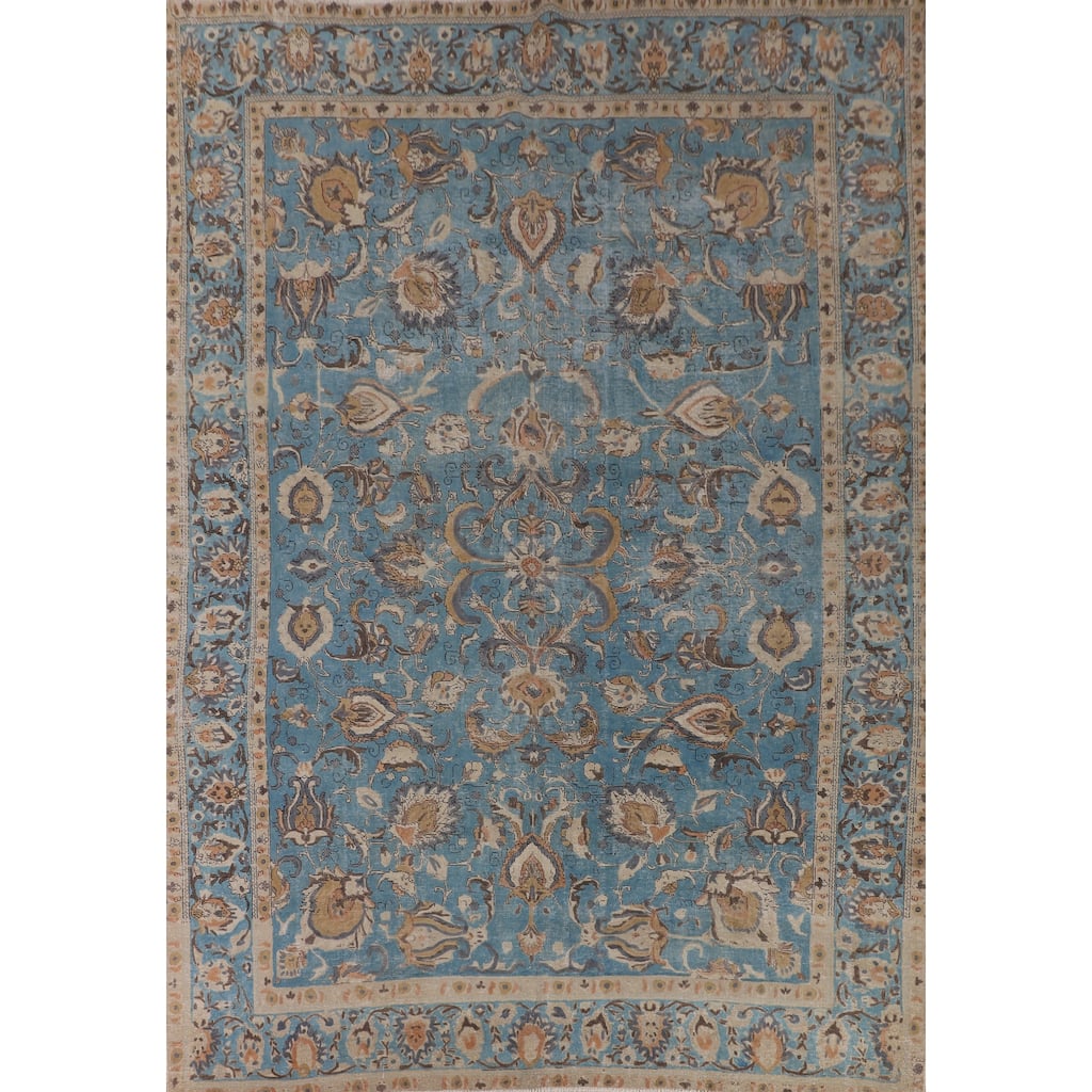 Light Blue Distressed Tabriz Persian Antique Rug Handmade Wool Carpet - 10'2" x 13'2"