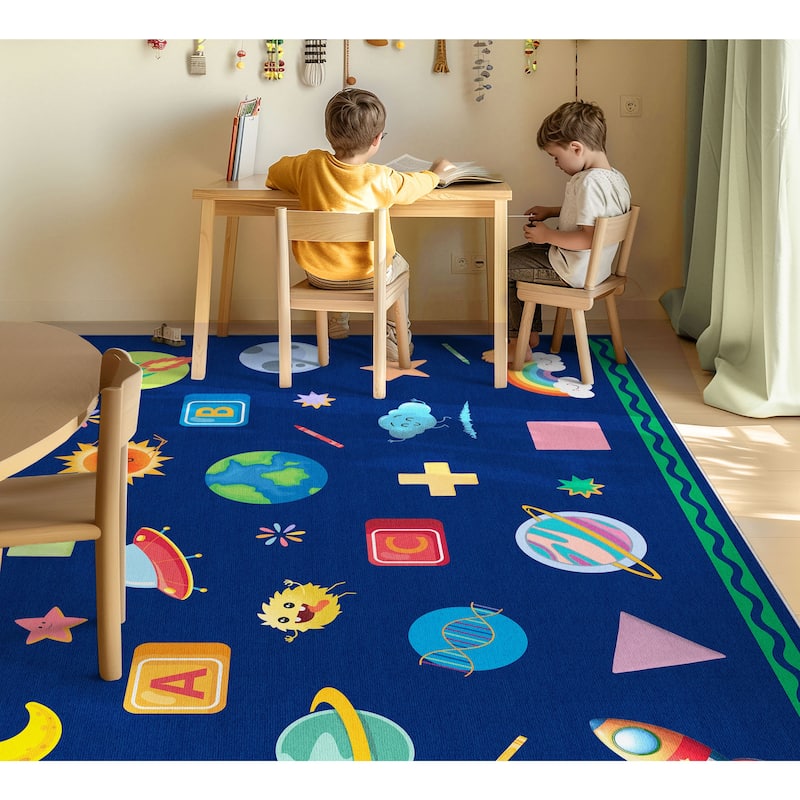 Well Woven Crayola Vibrant Modern Classroom Playroom Kids Rug - 5' x 7' - Cosmic Adventure Space Theme Blue - Rectangle