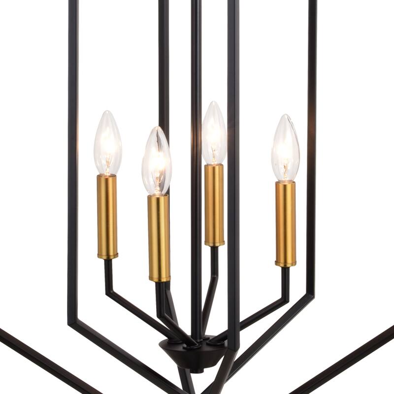Riley 4 Light Black and Satin Brass Contemporary Geometric Cage Pendant Light - 18-in W x 28.75-in H x 18-in D